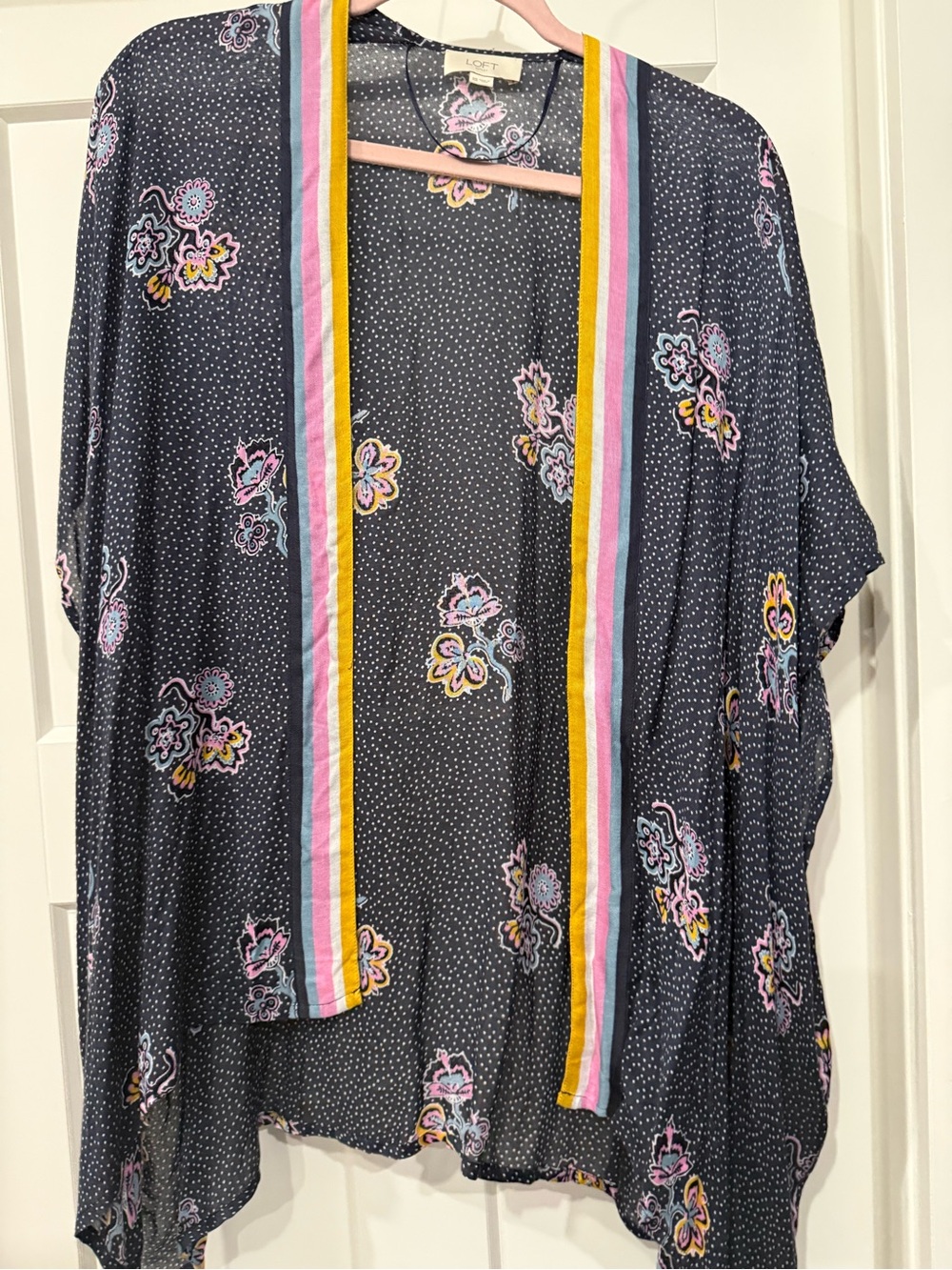 LOFT Navy Floral Open Kimono with Pink & Yellow Trim
